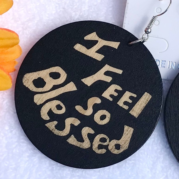 Large Boho Christian Earrings Wood Dangle Blessed - Picture 2 of 3